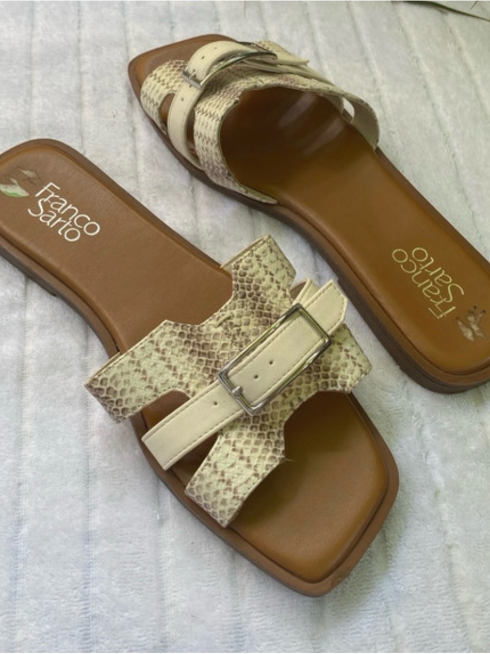 Franco Sarto Cream Snake-Print Slide Sandals with Buckle